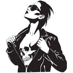 Punk rocker woman opening jacket to reveal skull T‑shirt, rebellious biker style, black and white vector