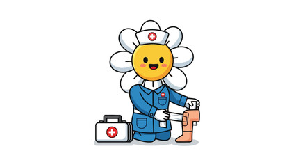 A cartoon flower character dressed as a nurse