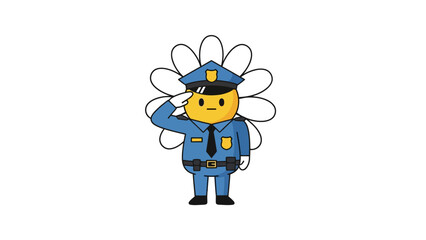A cartoon flower wearing a police uniform salutes