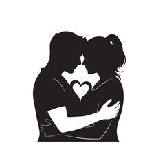 Romantic couple embracing with heart symbol, love and relationship silhouette, black and white vector illustration