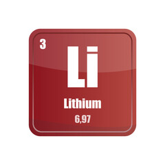 Lithium chemical element tile. Atomic number three. Li sign Vector icon. Red burgundy square shape.