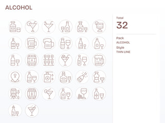 Alcohol Vector Icon Set with 32 Thin Line High Resolution Display Perfect Graphics
