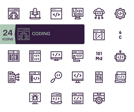 24 Bold Line Detail Enhanced Vector Icons for Coding Graphics