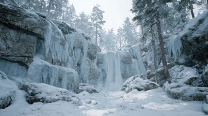 A snowy landscape with a frozen waterfall surrounded by icicles,