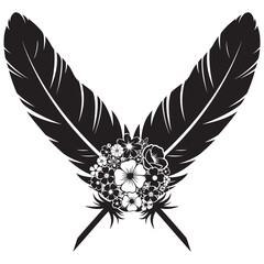 Crossed boho feathers with floral bouquet, rustic bohemian ornament, black and white vector illustration