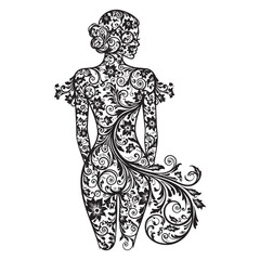 Female back silhouette with floral tattoo pattern and vines, elegant feminine body art, monochrome vector