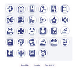 Study Scalable Vector Set featuring 28 Editable Bold Line Retina Ready Icons