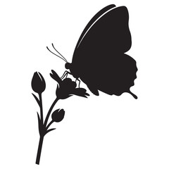 Butterfly silhouette perched on flower bud, simple botanical icon, black and white vector clipart