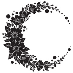 Floral crescent wreath frame of leaves and blossoms, elegant botanical line art, black and white vector