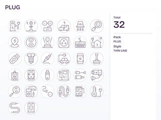 Plug featuring 32 64x64 Vector Icons in Thin Line Design