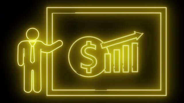 A neon yellow presentation with a stick figure chart arrow  dollar sign on a black background