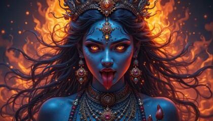 Fierce goddess Kali emerges from fiery inferno with piercing eyes and dramatic headdress, embodying power and transformation
