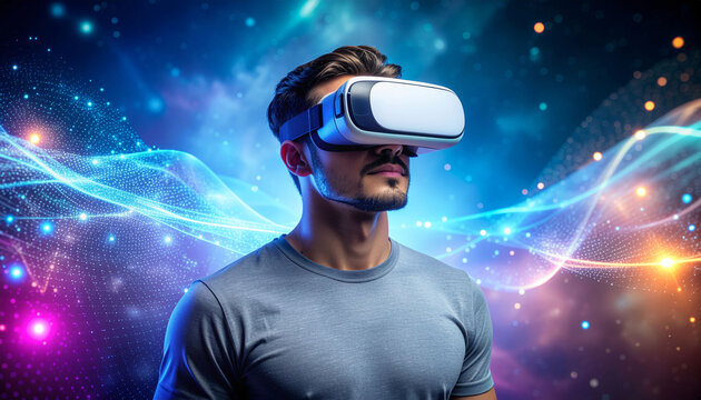 Man experiencing virtual reality with VR headset, immersed in futuristic digital world, exploring new technology and innovation