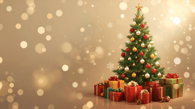 Season&rsquo;s Greetings theme featuring colourful Christmas balls, gift boxes, and a Christmas tree