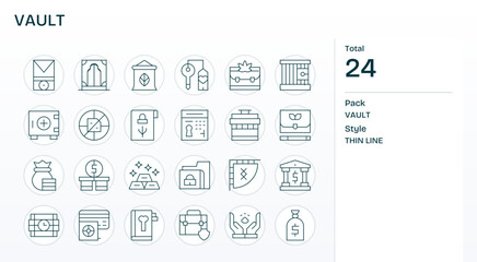 Thin Line Style Vault Vector Icons with 24 256x256 Pixel Aligned Designs
