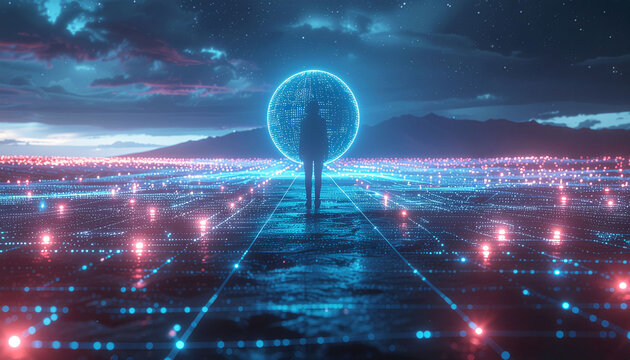 Journey into the digital cosmos, a lone figure stands before a glowing orb, surrounded by a futuristic cityscape of vibrant lights under a starry sky. - Powered by Adobe