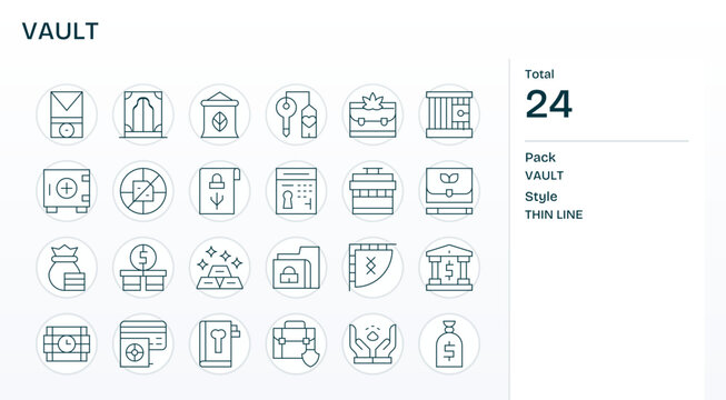 Thin Line Style Vault Vector Icons with 24 256x256 Pixel Aligned Designs