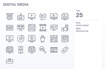 Regular Line Grid Fitted Vector Icons from Digital Media Set with 25 128x128 Icons