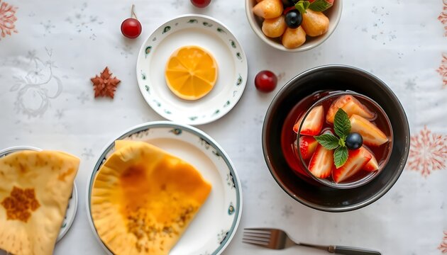 Christmas brunch spread with dosa, appam, and festive fruit punch, top-down HD view
