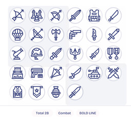 Combat Vector Icon Library with 28 Bold Line 64x64 Grid Fitted Designs