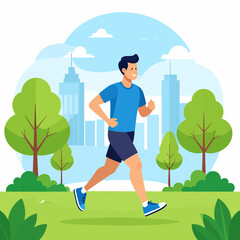 Cartoon Illustration of a Man Running in Park, Sporting Blue Athletic Wear.