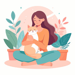 Content woman with closed eyes gently embracing a fluffy ginger and white cat.