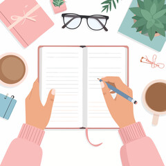 Hands Writing in Open Notebook with Coffee, Glasses, and Plants on Desk.