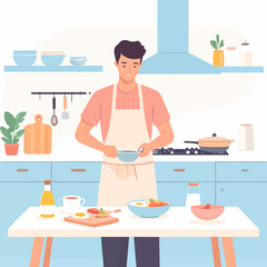 Illustrated young man with dark hair in a pink shirt and beige apron, preparing food in a bowl.
