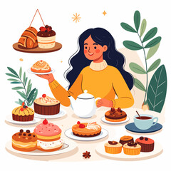 Illustrated woman with long dark hair in a yellow sweater enjoying a delightful tea party with many cakes.