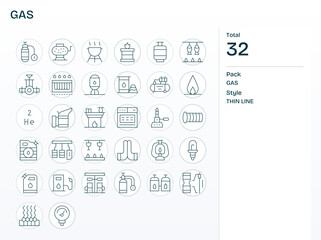 Fototapeta premium Gas Vector Icon Collection with 32 128x128 Thin Line Designs