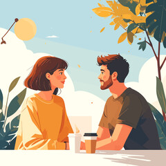 Illustrative young couple on a coffee date, gazing at each other with warm, engaged expressions.
