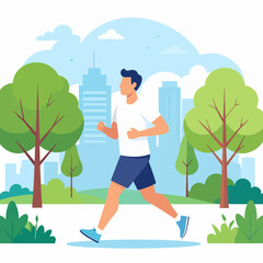 Man jogging in a park, wearing a white t-shirt and blue shorts, running with a determined expression.