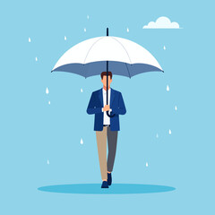 Professional man walking under a wide white umbrella in the rain, protected from raindrops.