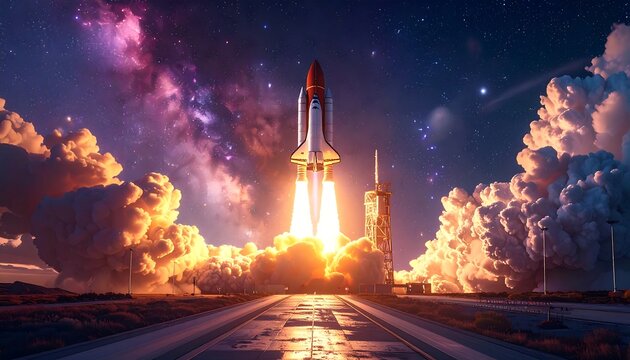 Rocket blasting off into the night sky, leaving a trail of fire and smoke, beneath the stunning cosmic backdrop