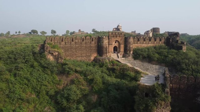 Drone aerial view showing Rohtas Fort Badshahi Gate and surrounding Mughal era stone architecture