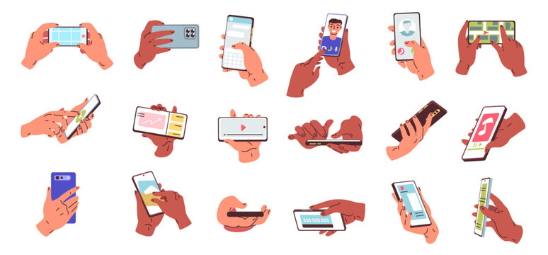 Hands holding smartphones. User hand hold cell phone with smart mobile app video call, using social media scroll map camera tap finger swipe press screen classy vector illustration