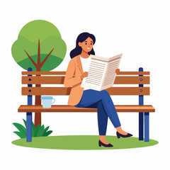 Woman reading newspaper on a park bench, wearing a blazer and blue pants.