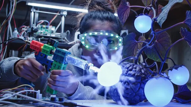 Focused young biohacker in a dimly lit basement lab using a homemade gene gun to inject glowing plasma into a pulsating exotic plant with mutant fruits. Intense hacker-style biotech experiment