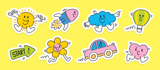 cute and fun trendy doodle cartoon vector set in start or beginning concept