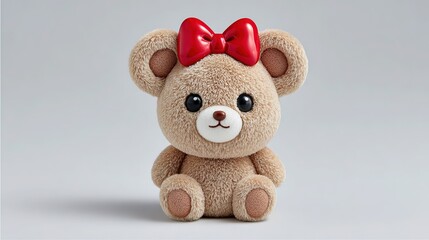 Cute plush teddy bear with red bow on head, isolated on white background. Detailed professional photograph in natural light for gift or childhood theme.