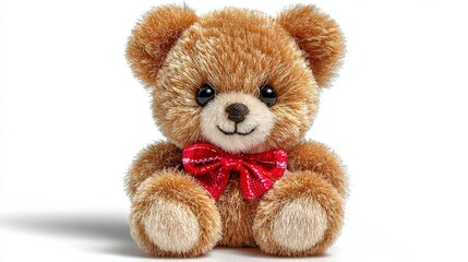 Professional product photo of plush teddy bear with red bow tie, isolated on white in natural light. High-quality image for toy packaging, brand advertising, or e-commerce.