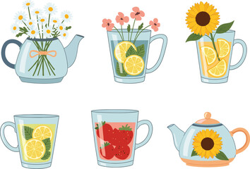 Teapot and mug illustration, floral fruit decoration, lemon strawberry mint design, glass container vector, kitchen decor element, herbal drink concept art © SHAHARIAR