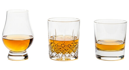 Three different glasses of whiskey isolated on transparent background