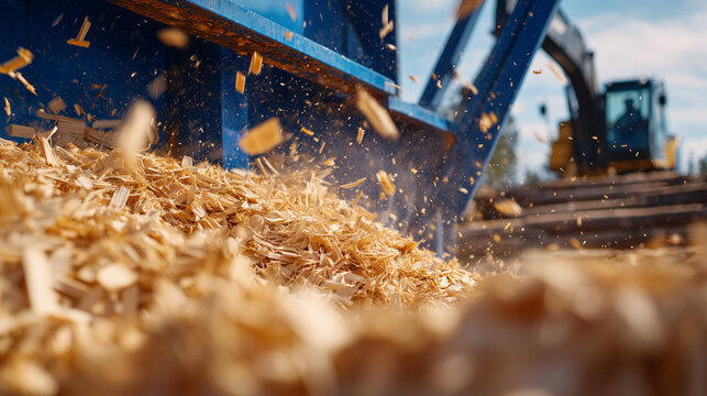 Industrial wood chip production, chips falling from a large machine into container, high-resolution detail, warm factory lighting highlighting texture and motion - Powered by Adobe