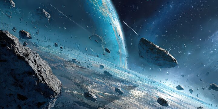 Abstract cosmic landscape showcasing planetary rings floating asteroids against a star filled backdrop in deep space