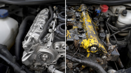 High-resolution split image of a car engine, left side spotless and polished, right side covered in grime and oil stains, sharp detail highlighting contrast