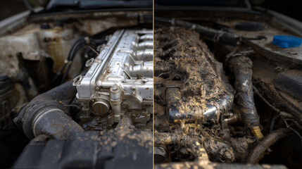 Fototapeta premium High-detail comparison image, car engine divided vertically, left side freshly cleaned and shiny, right side covered in dirt and oil, textures of metal and grime clearly visible