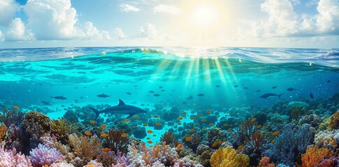 Ocean waves, coral reefs, and fish outlines