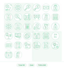 32 Retina Ready Thin Line Vector Icons for Cost with Editable precision