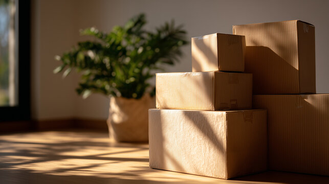 Stack of cardboard boxes arranged neatly in a room, natural sunlight illuminating textures of corrugated cardboard, soft shadows stretching across the floor